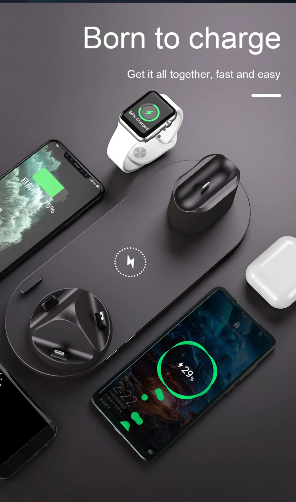 6 in 1 Wireless Charger Mobile Phone Wireless Charging Bracket Earphone Fast Charging - Black