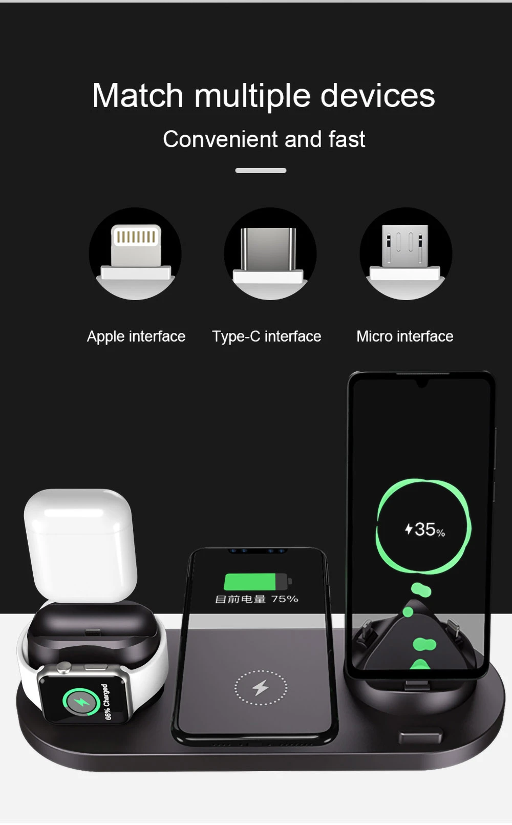 6 in 1 Wireless Charger Mobile Phone Wireless Charging Bracket Earphone Fast Charging - Black