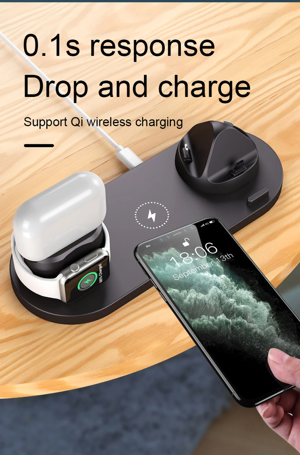 6 in 1 Wireless Charger Mobile Phone Wireless Charging Bracket Earphone Fast Charging - Black