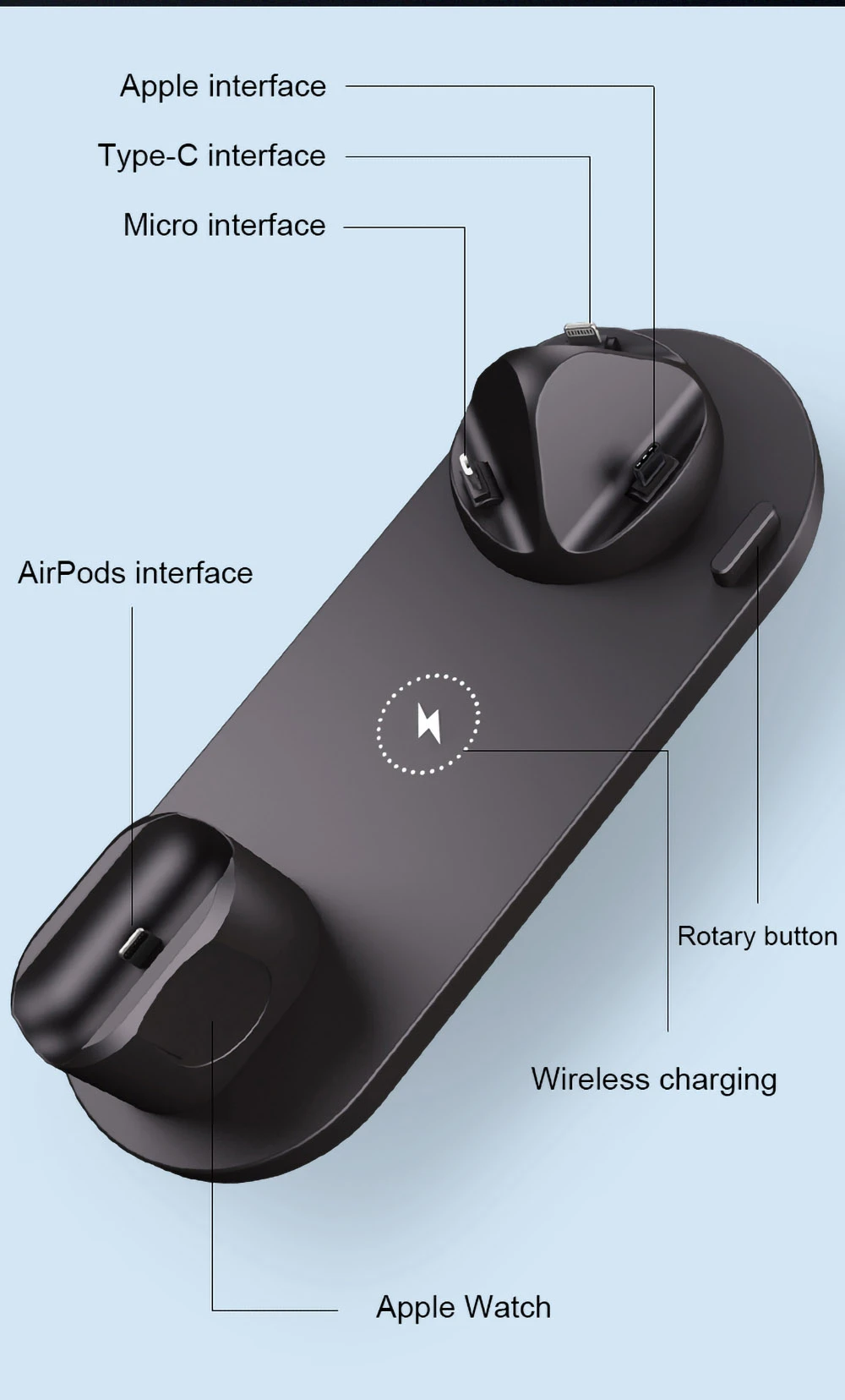 6 in 1 Wireless Charger Mobile Phone Wireless Charging Bracket Earphone Fast Charging - Black