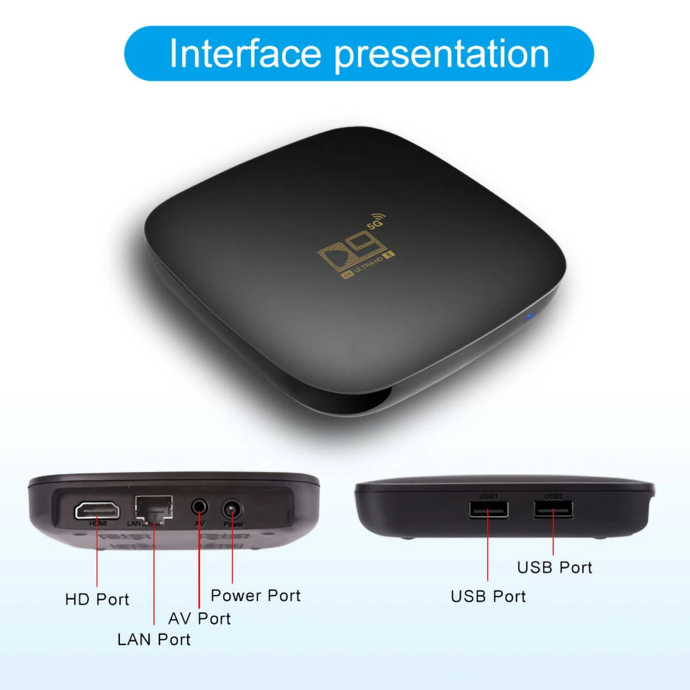 D9 5G TV BOX Android 10.0 Amlogic S905L2 1G RAM 8G ROM 2.4G + 5G WIFI Bluetooth LAN