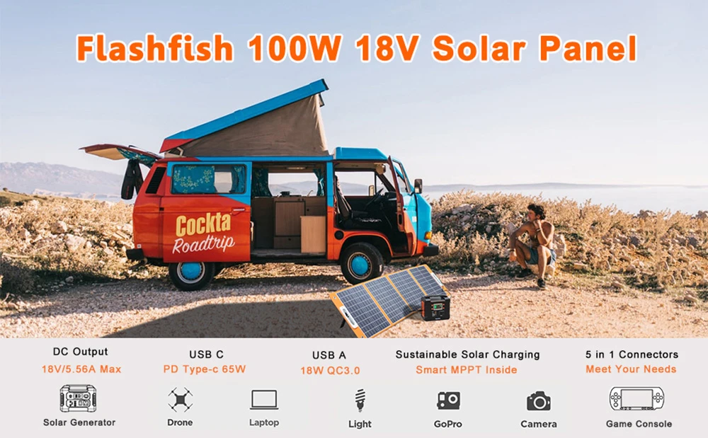 Flashfish TSP 18 V/100 W Panneau solaire pliable chargeur solaire portable avec sortie DC/USB