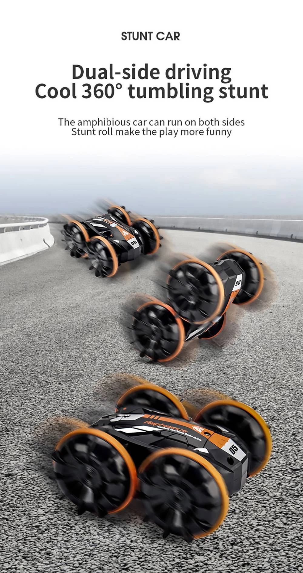 JJRC Q113 1:24 RC Stunt Car 4WD 360 Rotate 2-in-1 Waterproof Water&Land Drift Amphibious Vehicle Models Toy - Orange
