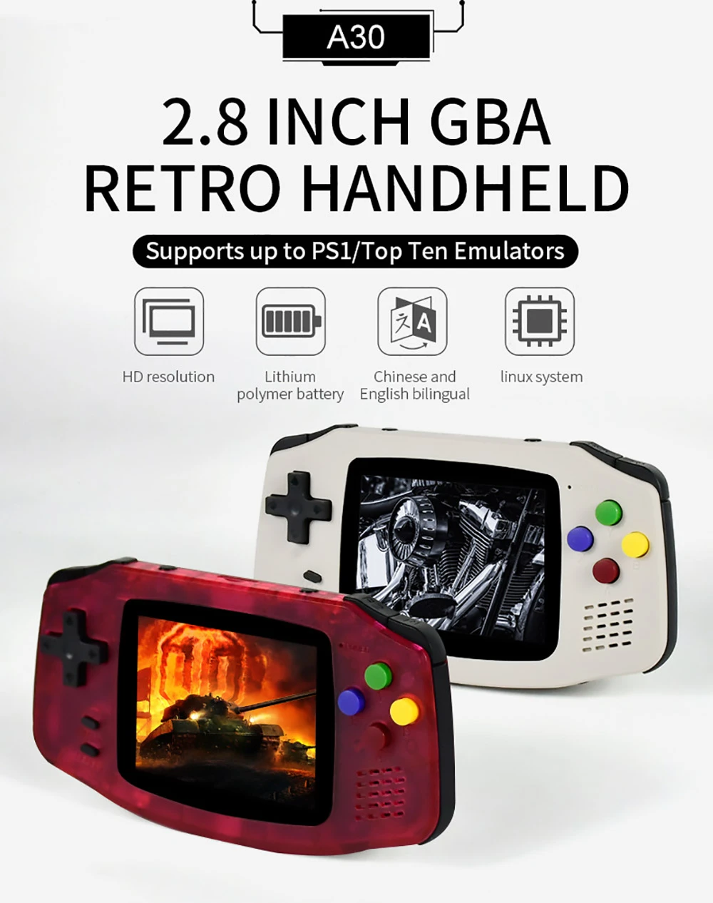 Powkiddy A30 Retro Handheld Game Console 2.8 Inch IPS HD Screen 1200mA 32GB Built-In 4000 Games Supports Adding ROM Red