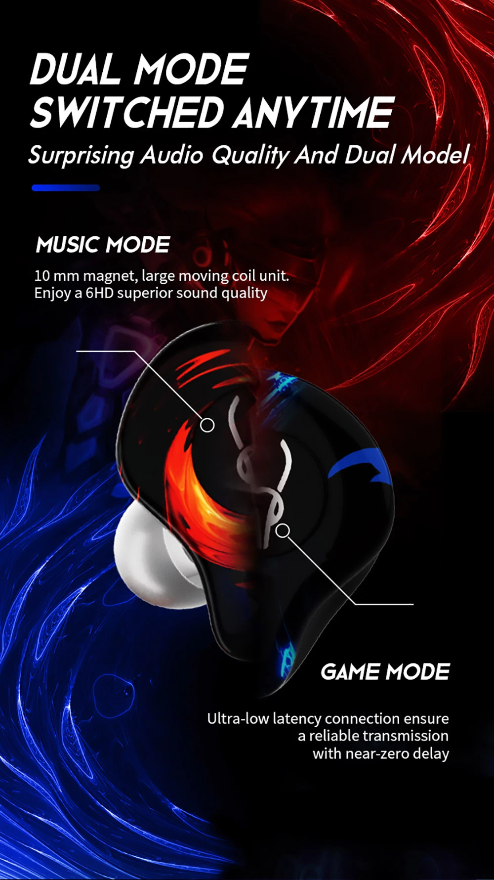 Sabbat G12 Elite TWS Wireless Bluetooth Headphones Gaming Music Dual Modes Noise Reduction Earphones With Mic - Blue