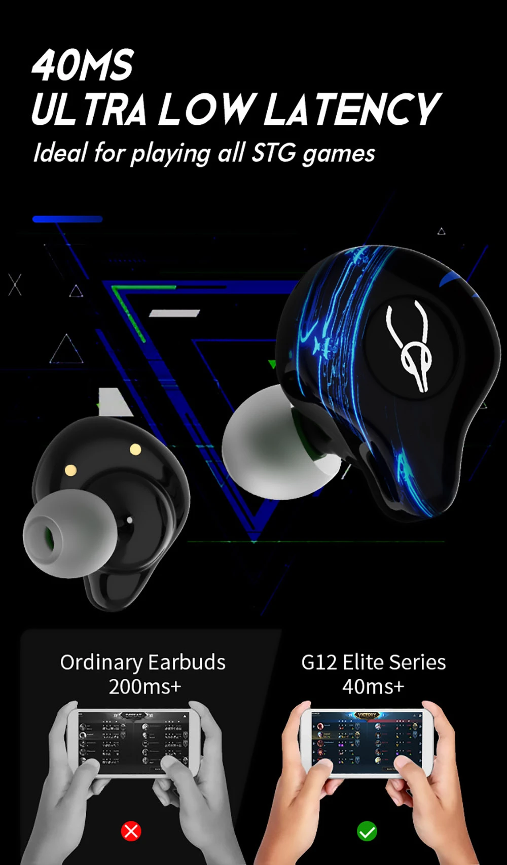 Sabbat G12 Elite TWS Wireless Bluetooth Headphones Gaming Music Dual Modes Noise Reduction Earphones With Mic - Blue