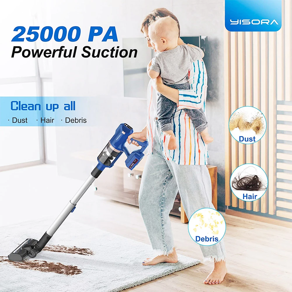 YISORA V110 Battery Handheld Cordless Vacuum Cleaner 265W 25000Pa Strong Suction Power LED Display for Carpets Pet Hair