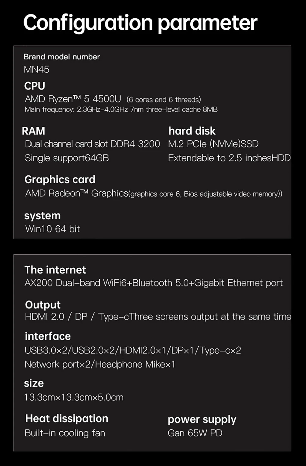 T-bao MN45 AMD Ryzen™ 5 4500U 16GB RAM 6 Cores 6 Threads SSD Licensed Windows 10 Mini PC Support RJ45 1000M*2 WiFi Bluetooth