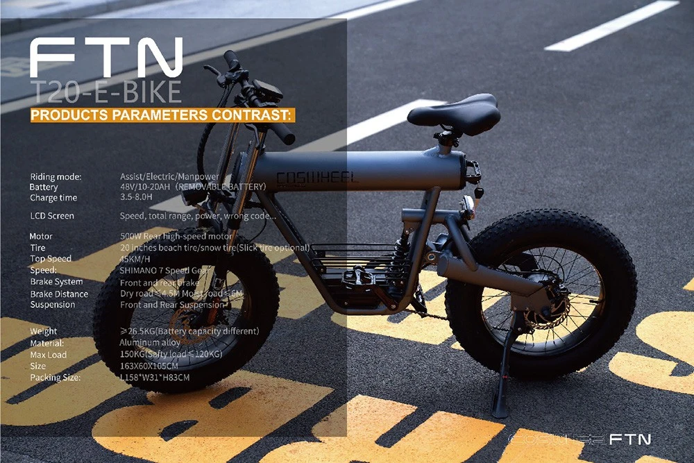 Coswheel T20 Elcykel 20Ah Batteri 48V 500W Motor 50-70 Räckvidd 45kmh Maxhastighet Terrängcykel Rymdgrå