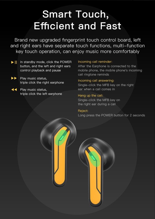 KUMI X2 Pro TWS Bluetooth 5.1 Gaming Earphone Yellow