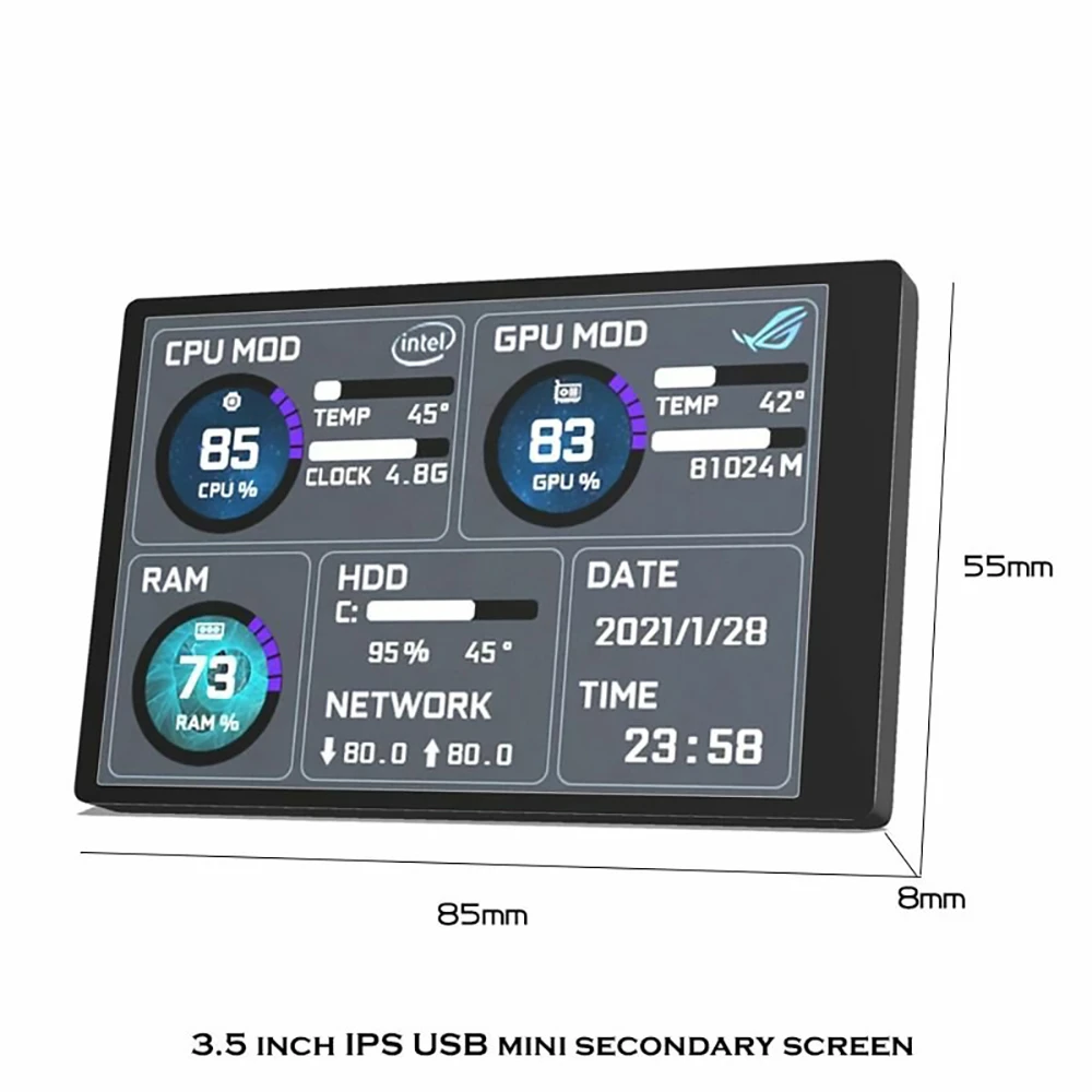 3.5 Inch IPS TYPE-C Secondary Screen CPU GPU RAM HDD Monitoring USB Display