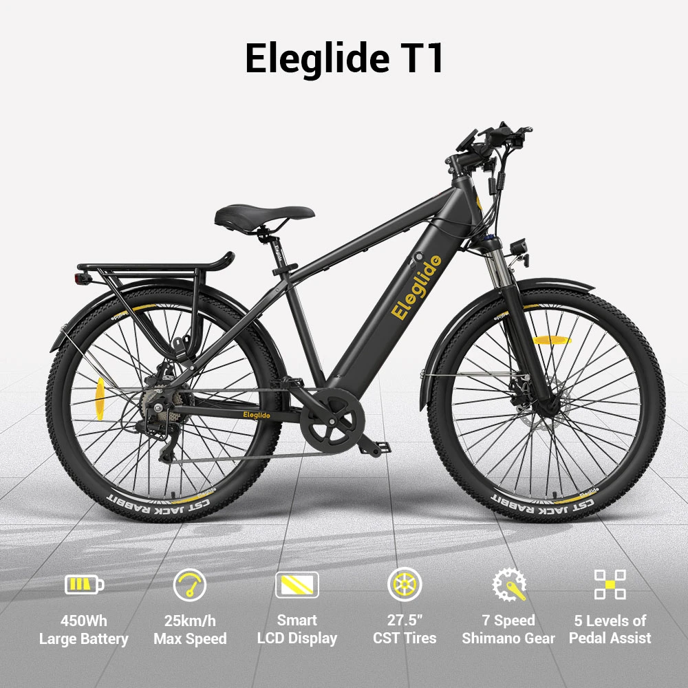 ELEGLIDE T1 Electric Bike MTB Bike 27.5 Inch Tires 36V 12.5AH Battery 250W Motor Shimano 7 Gears Max Speed 25Km/h Max Load 120KG - Black