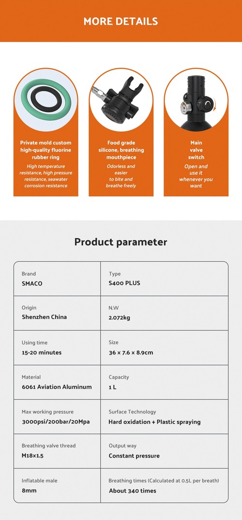 SMACO S400Pro Bouteille De Plongée 1L – 15-20 Min – Alu Aéronautique – Avec Sac Et Adaptateur