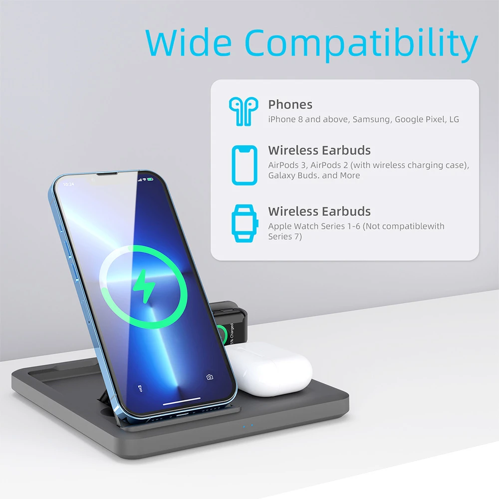 C18 15W Mobile Phone Wireless Charging Stand, 3-in-1 Folding Wireless Charger for Apple Watch Earbuds Charging - Black