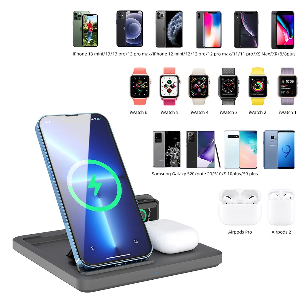 C18 15W Mobile Phone Wireless Charging Stand, 3-in-1 Folding Wireless Charger for Apple Watch Earbuds Charging - Black