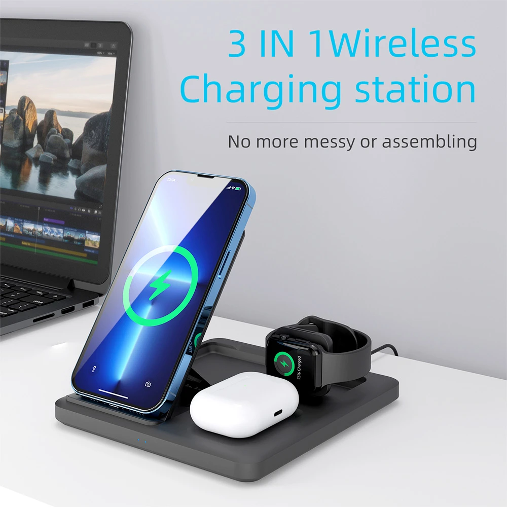 C18 15W Mobile Phone Wireless Charging Stand, 3-in-1 Folding Wireless Charger for Apple Watch Earbuds Charging - Black