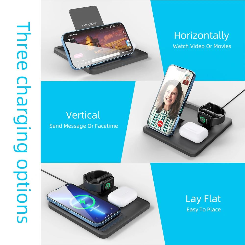 C18 15W Mobile Phone Wireless Charging Stand, 3-in-1 Folding Wireless Charger for Apple Watch Earbuds Charging - Black