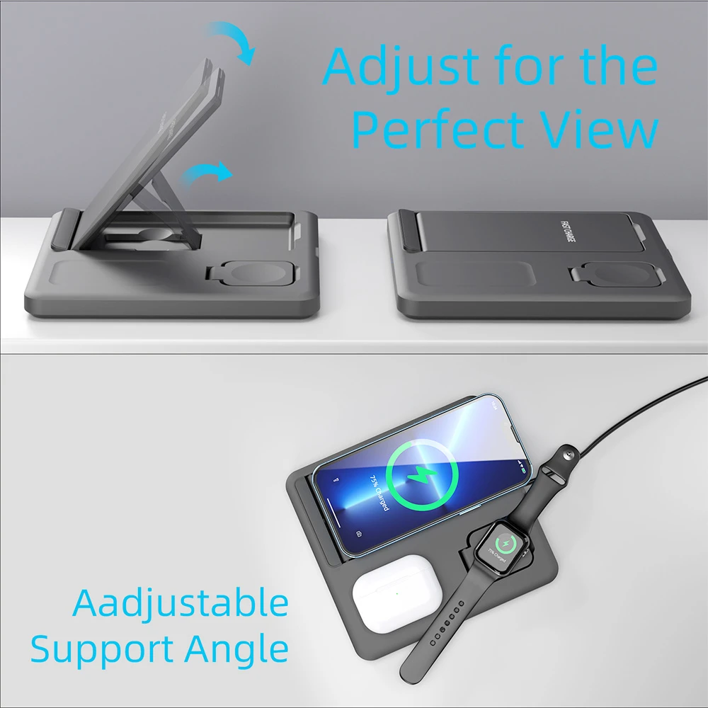 C18 15W Mobile Phone Wireless Charging Stand, 3-in-1 Folding Wireless Charger for Apple Watch Earbuds Charging - Black