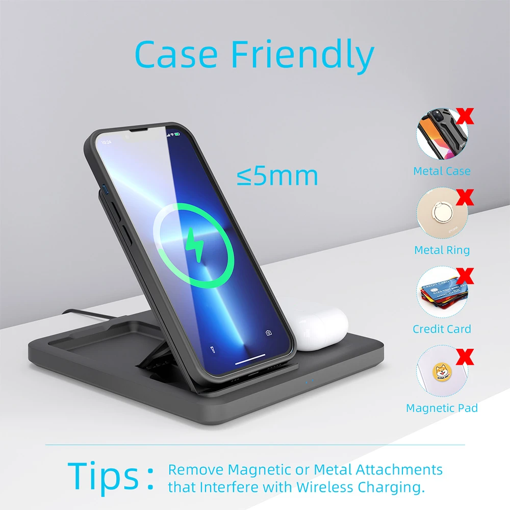 C18 15W Mobile Phone Wireless Charging Stand, 3-in-1 Folding Wireless Charger for Apple Watch Earbuds Charging - Black
