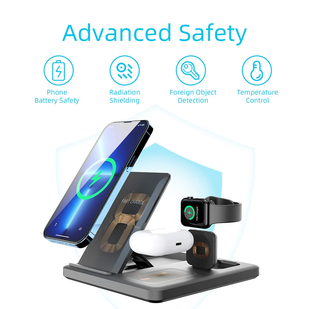 C18 15W Mobile Phone Wireless Charging Stand, 3-in-1 Folding Wireless Charger for Apple Watch Earbuds Charging - Black