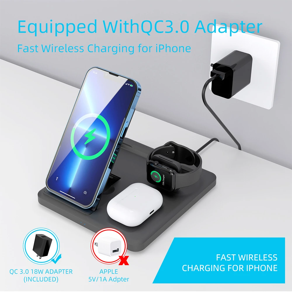 C18 15W Mobile Phone Wireless Charging Stand, 3-in-1 Folding Wireless Charger for Apple Watch Earbuds Charging - Black