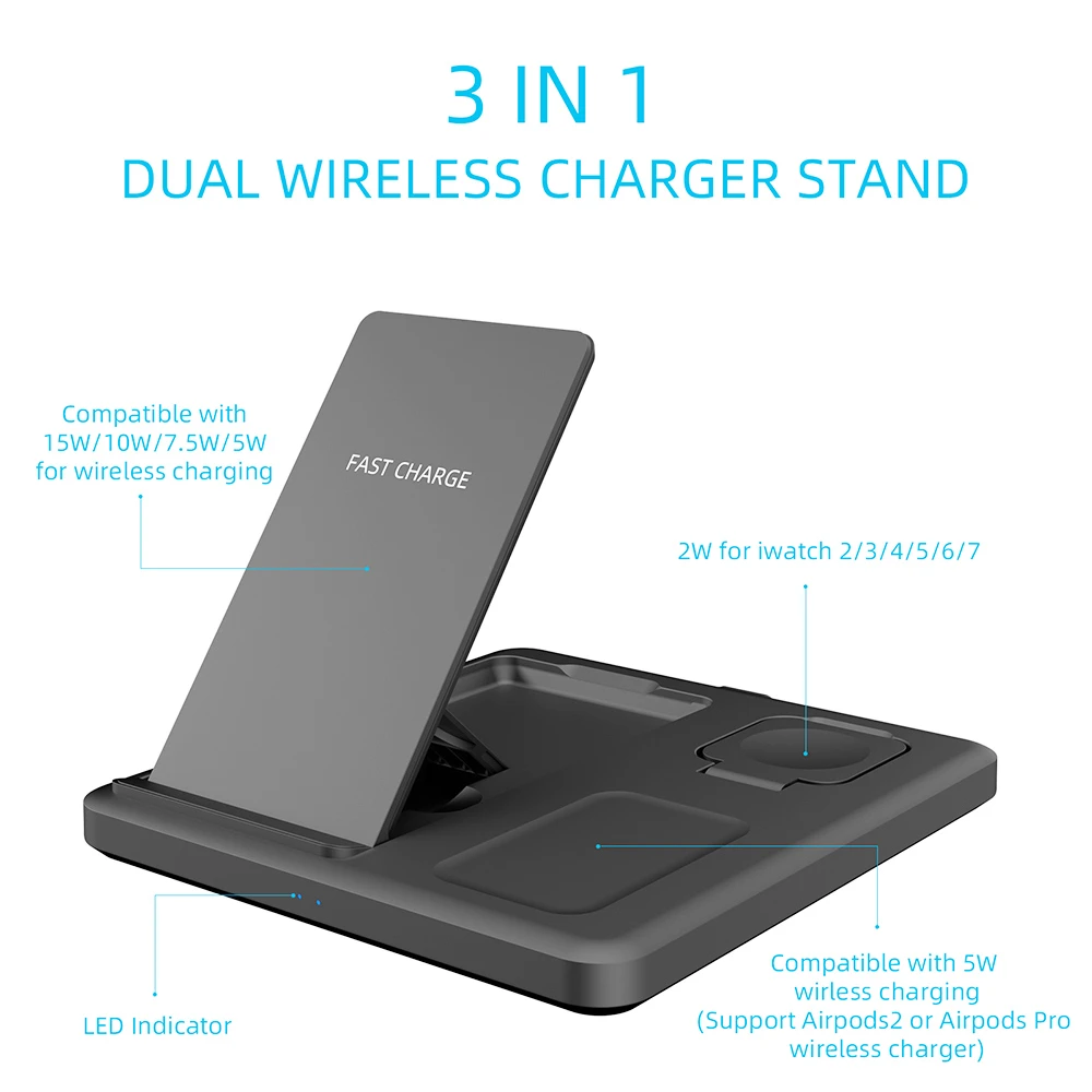 C18 15W Mobile Phone Wireless Charging Stand, 3-in-1 Folding Wireless Charger for Apple Watch Earbuds Charging - Black