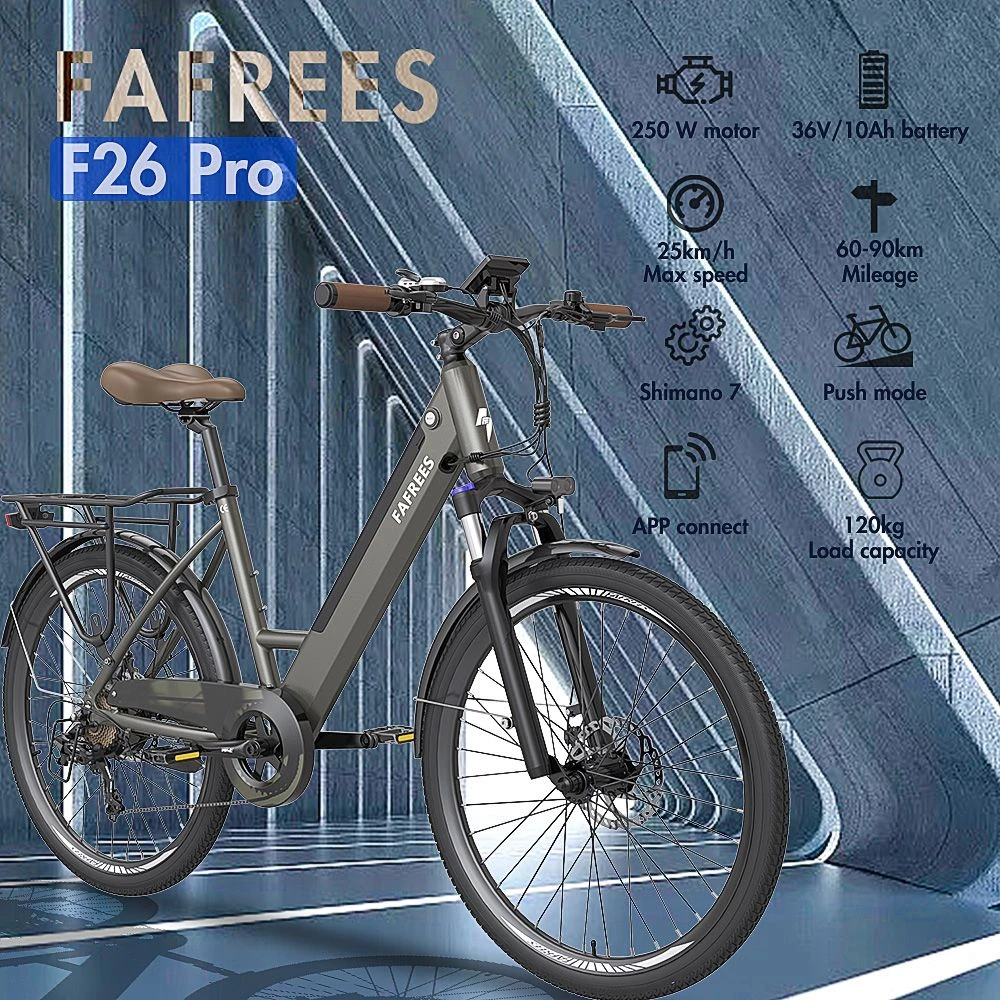 FAFREES F26 Pro 26'' Step-through City E-Bike 25 Km/h 250W Motor 36V 10Ah Embedded Removable Battery, Shimano 7 Speed - Golden