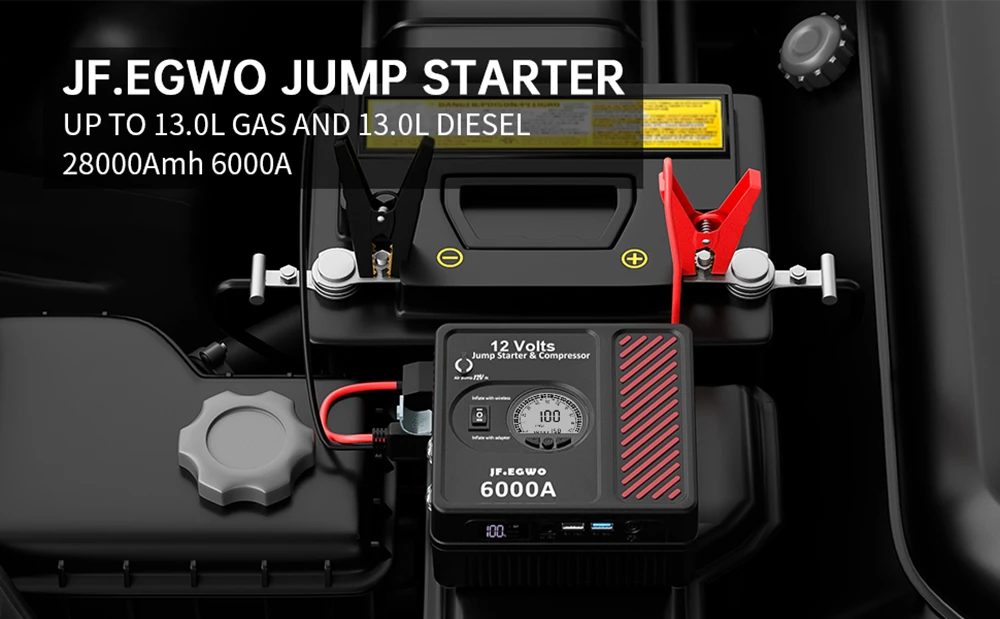 JF.EGWO 6000Amp Car Jump Starter with Air Compressor, 12V Safe Lithium Auto Battery Booster, 150 PSI Air Pump - EU Plug