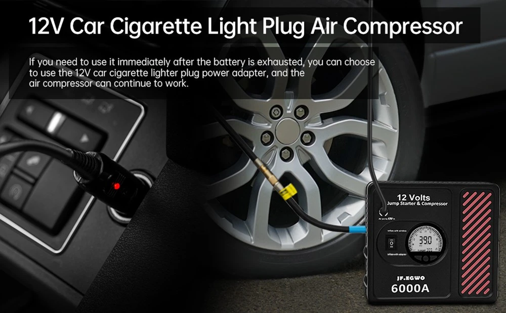 JF.EGWO 6000Amp Car Jump Starter with Air Compressor, 12V Safe Lithium Auto Battery Booster, 150 PSI Air Pump - EU Plug