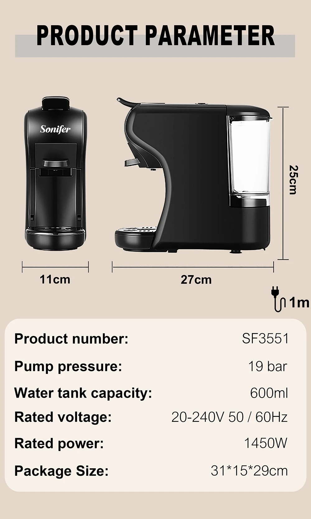 Sonifer SF3551 1450W Espresso آلة صنع القهوة ، كبسولة صانع القهوة