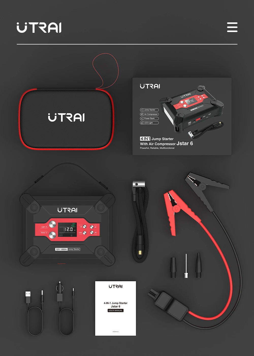 The 24000 mAh JUMP STARTER with rechargeable compressor. UTRAI JSTAR 6.  Starter cars and motorcycles 
