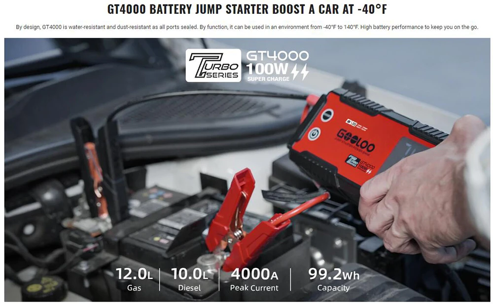 GOOLOO GT4000 Jump Starter, 4000A Peak Car Starter, Auto Battery Booster Pack, 99.2Wh Power Bank, 400 Lumen LED Light - Red