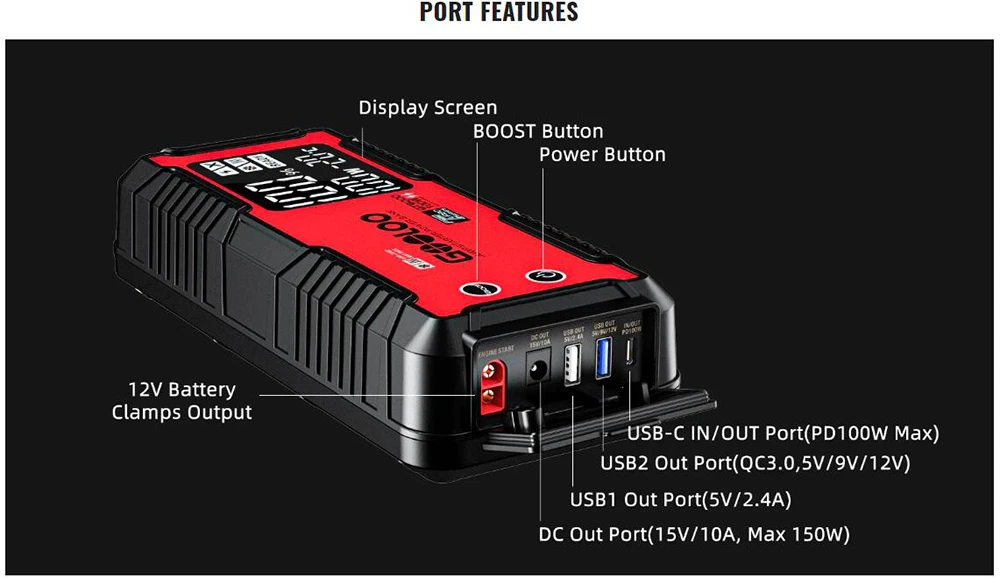 GOOLOO GT4000 Jump Starter, 4000A Peak Car Starter, Auto Battery Booster Pack, 99.2Wh Power Bank, 400 Lumen LED Light - Red