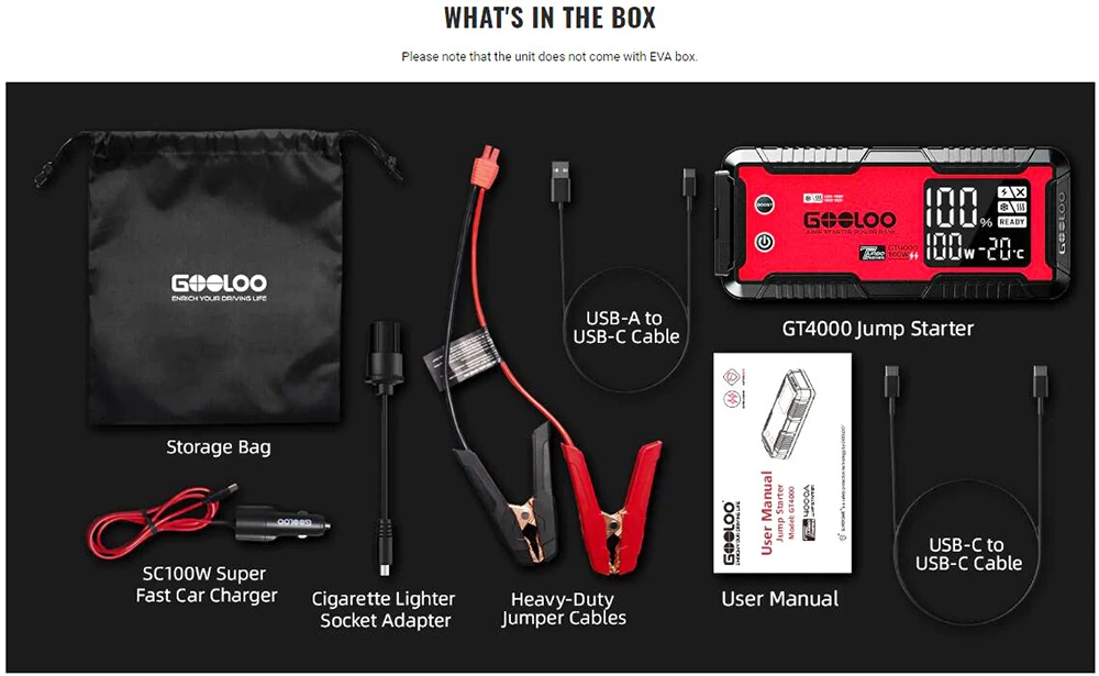 GOOLOO GT4000 Jump Starter, 4000A Peak Car Starter, Auto Battery Booster Pack, 99.2Wh Power Bank, 400 Lumen LED Light - Red
