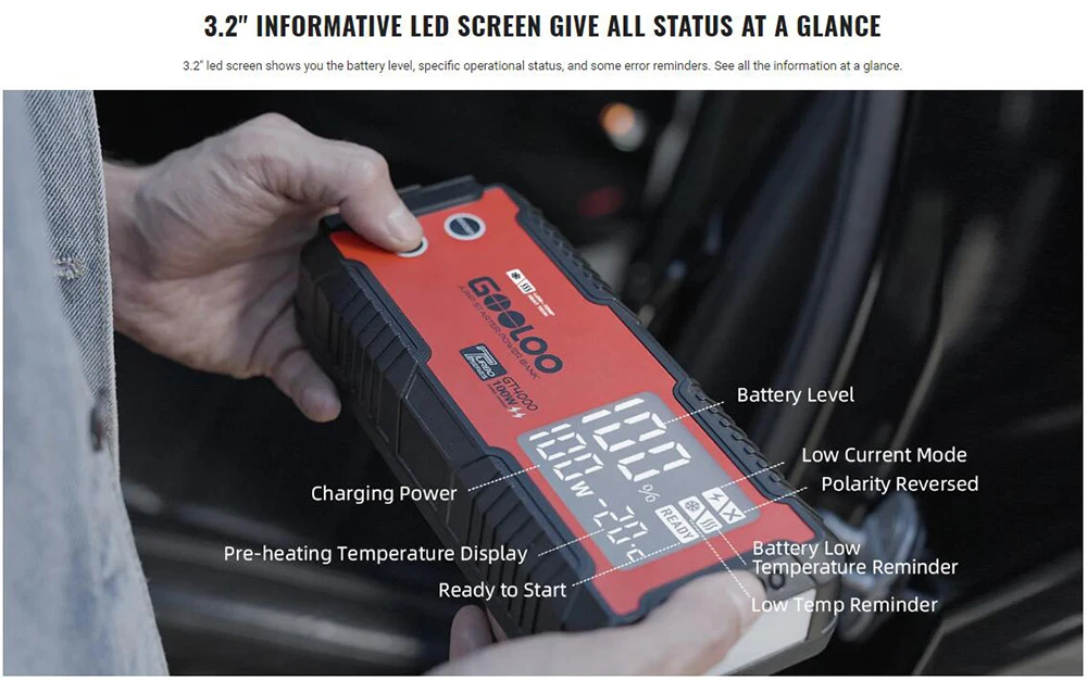 GOOLOO GT4000 Jump Starter, 4000A Peak Car Starter, Auto Battery Booster Pack, 99.2Wh Power Bank, 400 Lumen LED Light - Red