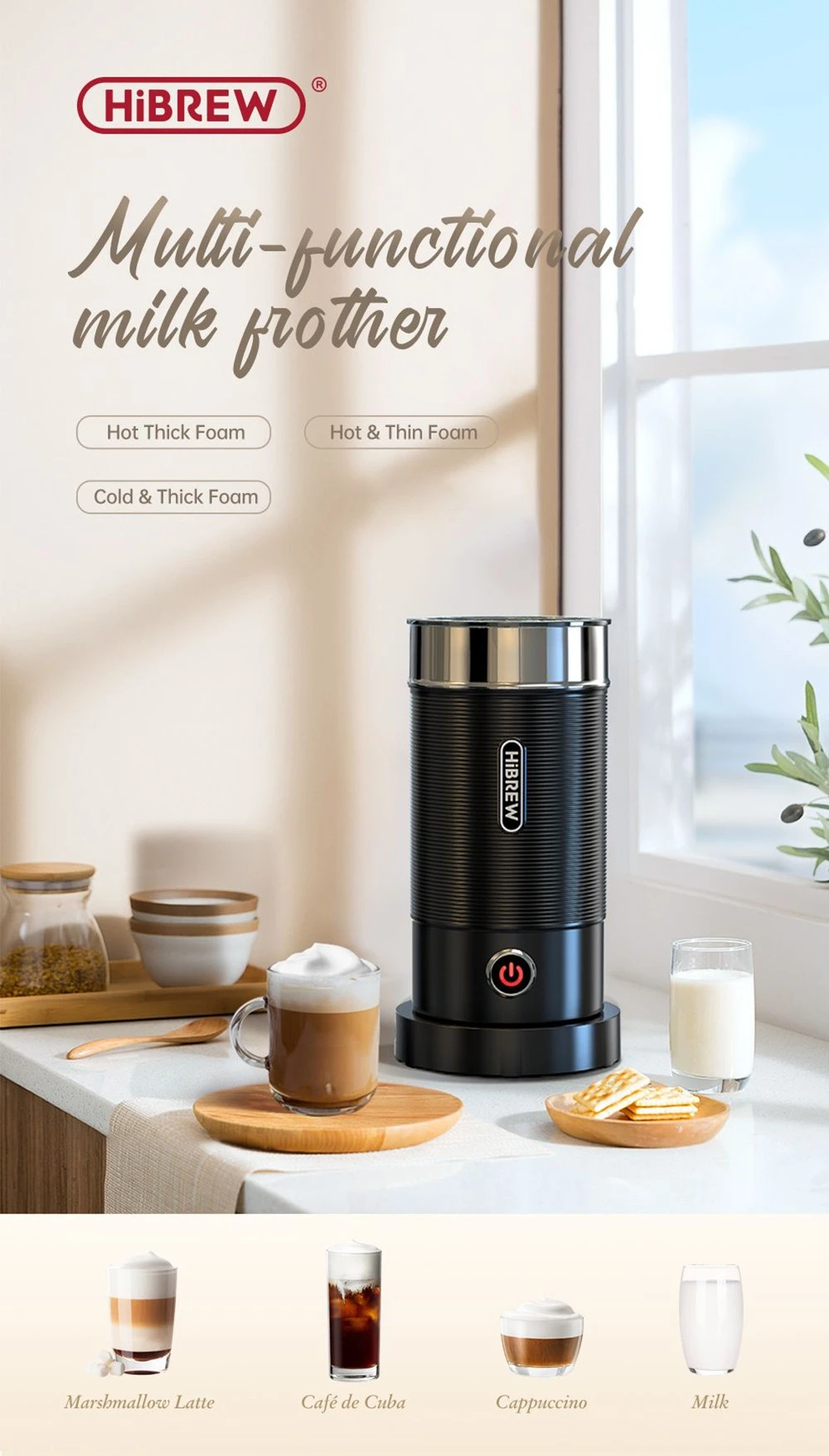 HiBREW M1A 450W Milk Frother Foaming Machine, Chocolate Mixer Cold/Hot Latte Cappuccino, Fully Auto Milk Warmer - Black