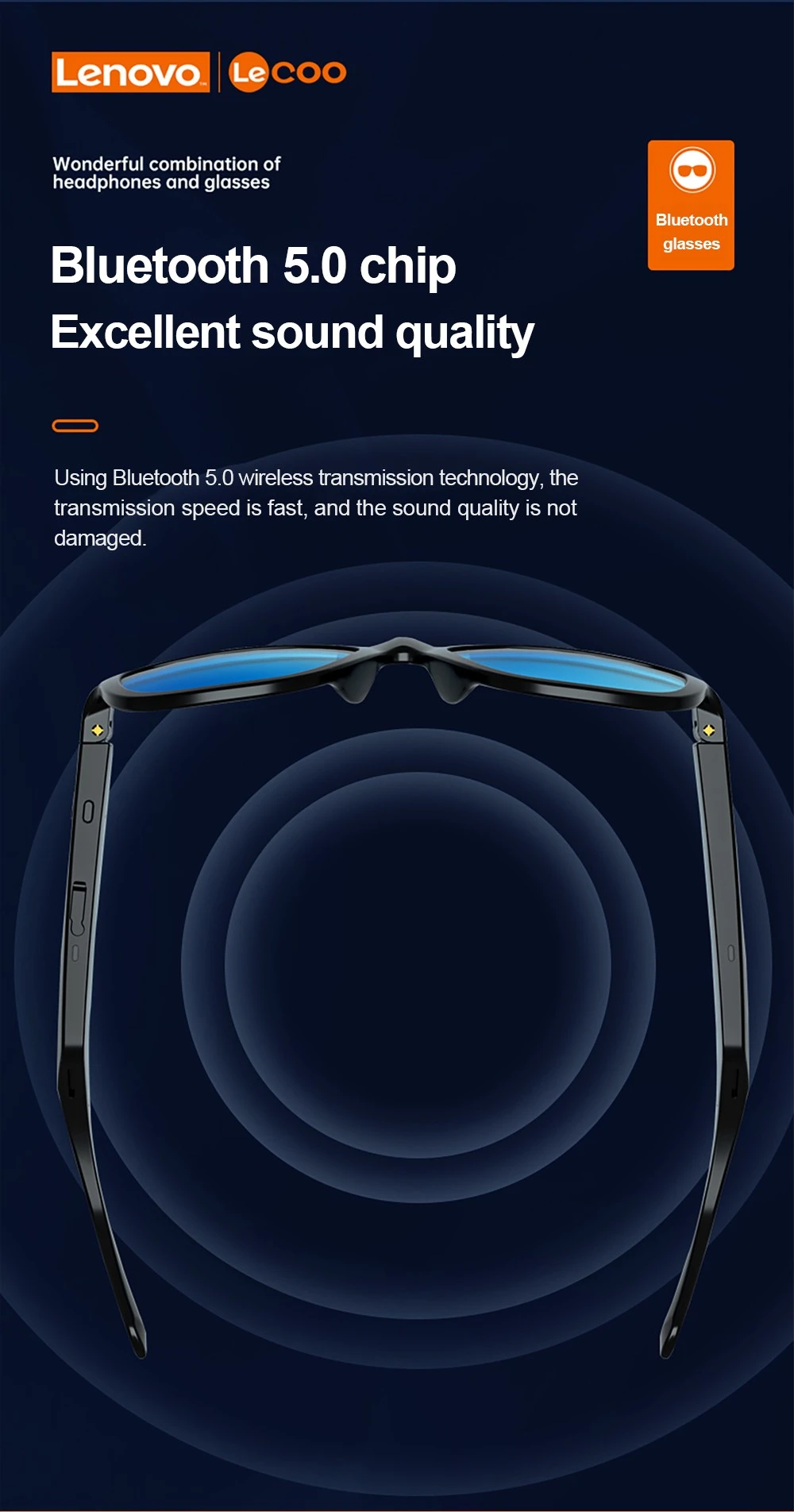 Lenovo Lecoo C8 Smart Music Bluetooth 5.0 Sunglasses HiFi Headset Wireless Driving Glasses with HD Mic Black