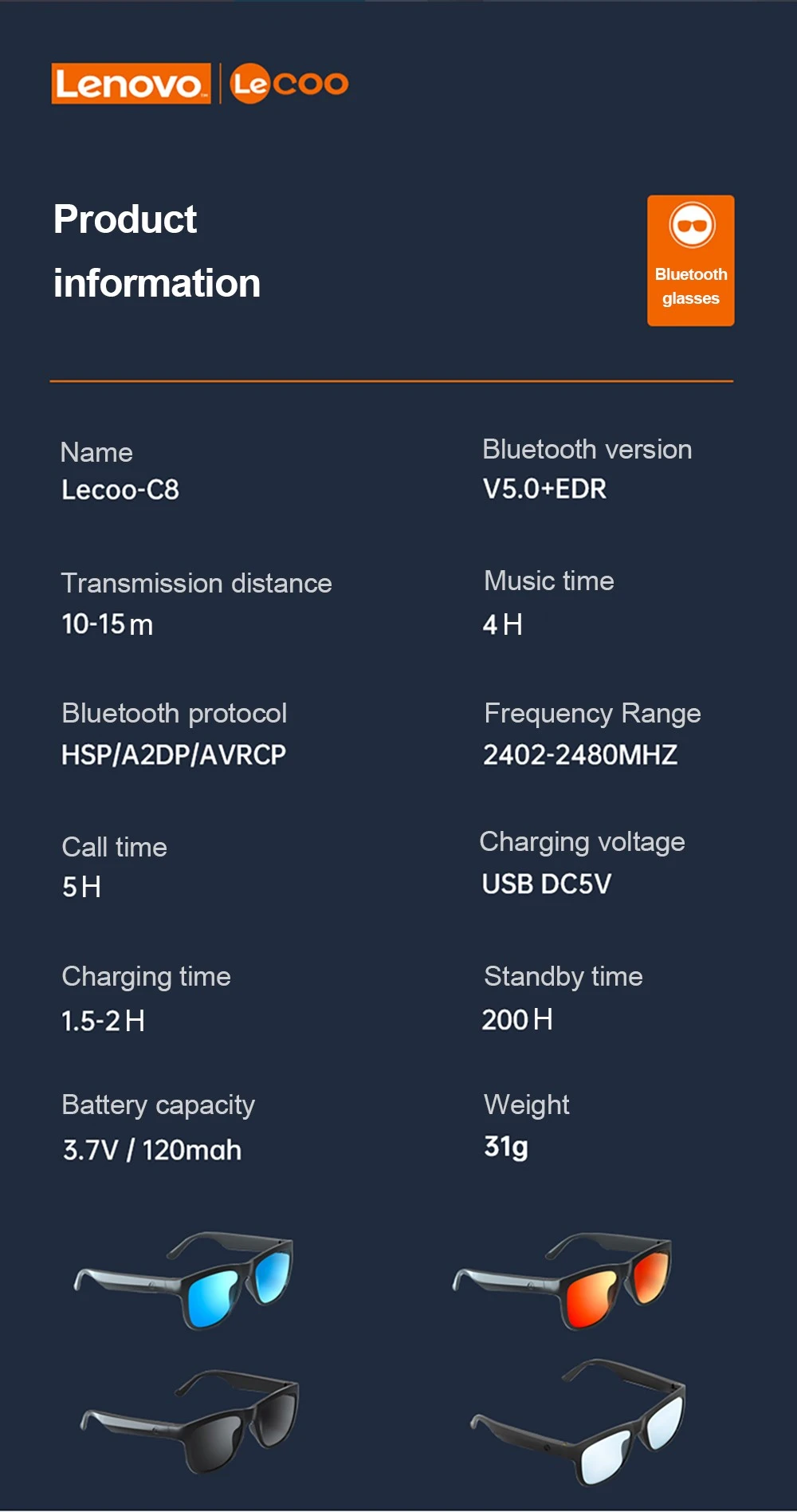 Lenovo Lecoo C8 Smart Music Bluetooth 5.0 Sunglasses HiFi Headset Wireless Driving Glasses with HD Mic Black