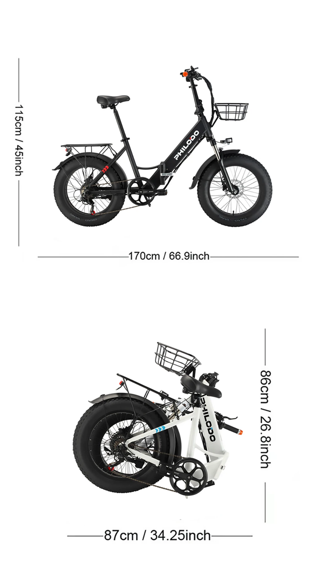 PHILODO H4 faltbares Step-Thru Fat Bike 20 Zoll 48V 13Ah abnehmbarer Akku 250W Motor 25km/h Doppelbremsen – Weiß