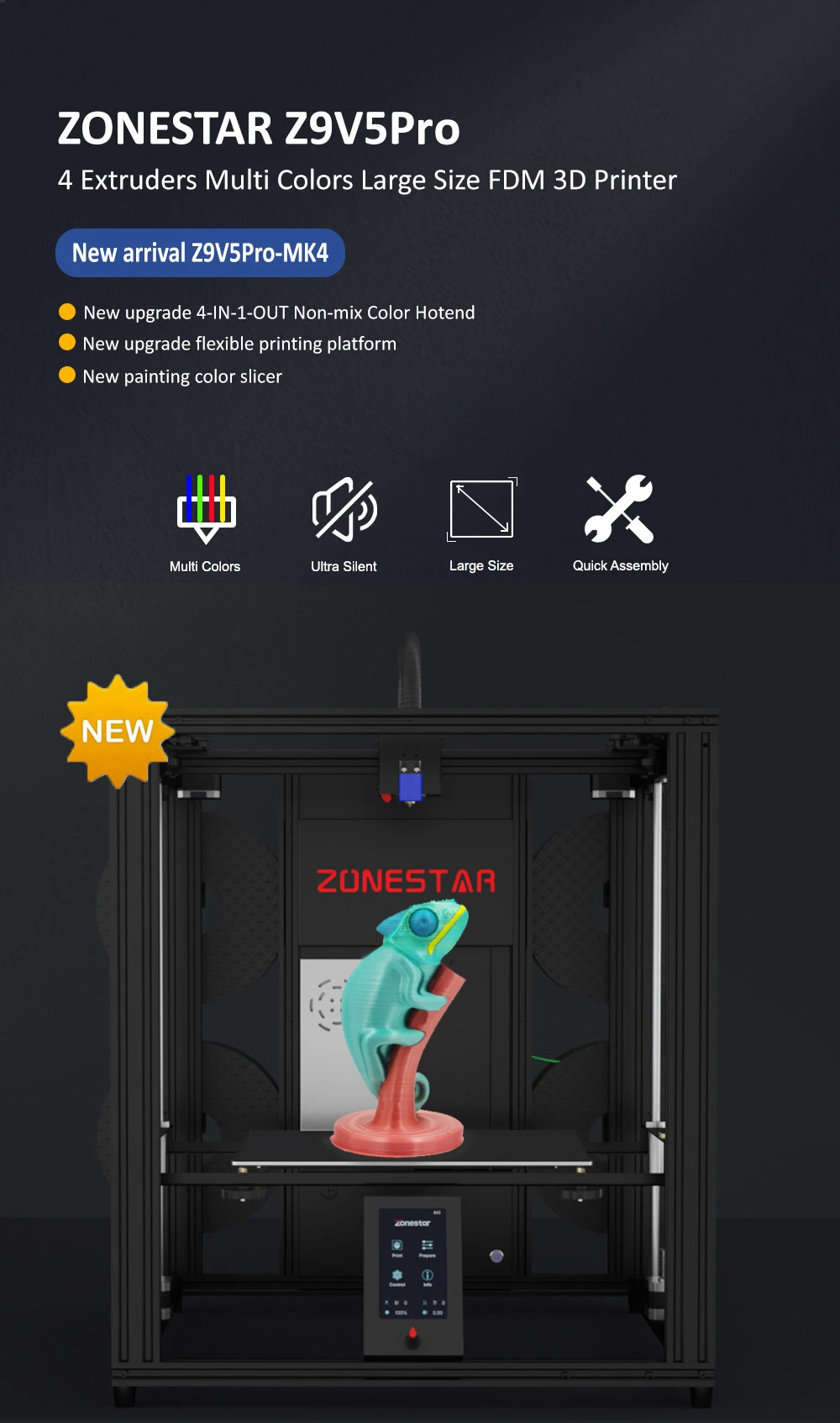 Zonestar Z9V5Pro MK4 4 Extruders 3D Printer, 4 Color Mixing, Auto Leveling, 32 Bit Control Board, Resume Printing, TFT-LCD, 300x300x400mm