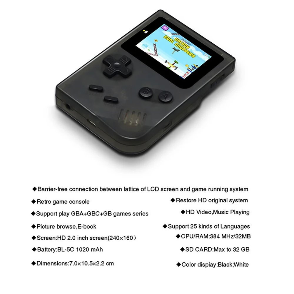 ANBERNIC Retro Mini Handheld Game Console 2.0 inch Screen 256MB Memory 32G TF Card 2000 Games - Transparent Black