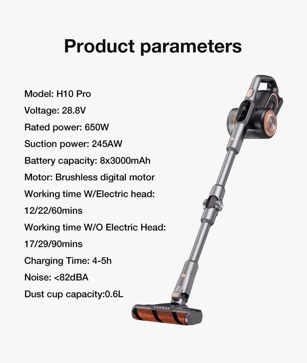 Aspirateur à main sans fil JIMMY H10 Pro, aspiration 245 AW, batterie 86.4 Wh, godet à poussière 600 ml, écran LCD d'autonomie de 90 minutes