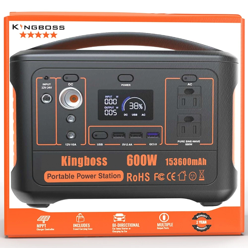 Kingboss 600W Portable Power Station, 568WH 153600mAh Outdoor Solar Generator with QC3.0/AC/USB DC/USB-C Output - Orange