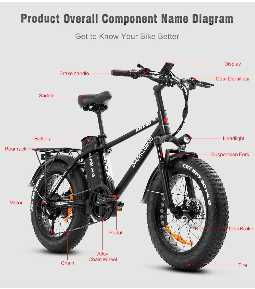 SAMEBIKE XWC05 Electric Mountain Bike 20'' Tire 750W Brushless Geared Motor 13Ah Battery 35km/h Max Speed - Red
