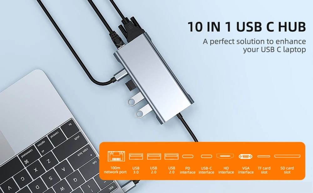 Type-C Hub 10 in 1 USB C to 4K HDMI+RJ45+PD 100W Charge+USB3.0+VGA+SD/TF card reader Dock for MacBook Windows Laptop