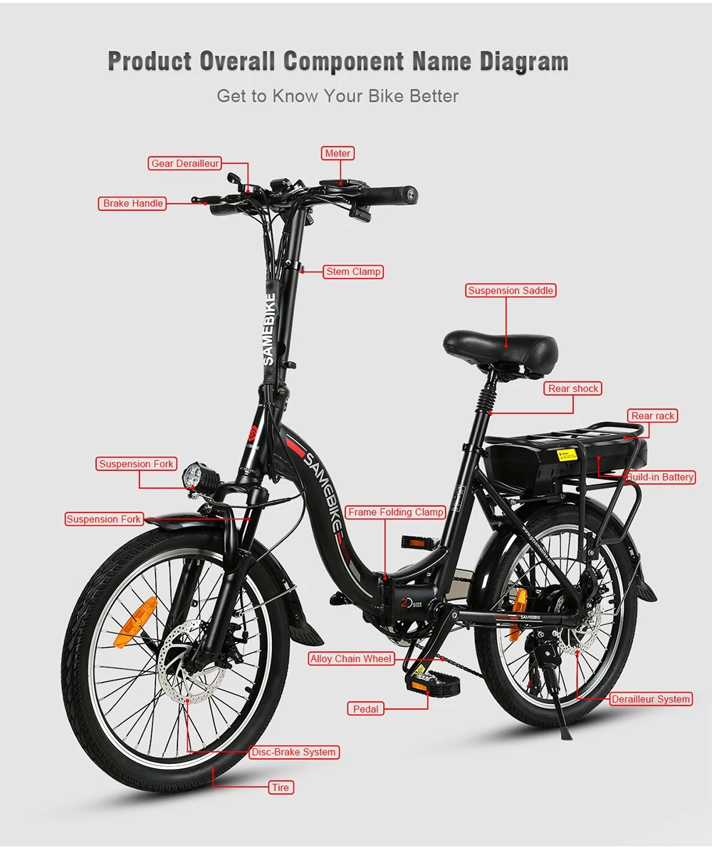 SAMEBIKE JG20 Smart Folding Electric Moped Bike 350W Motor 10Ah Battery Max 32km/h 20 Inch Tire - Black