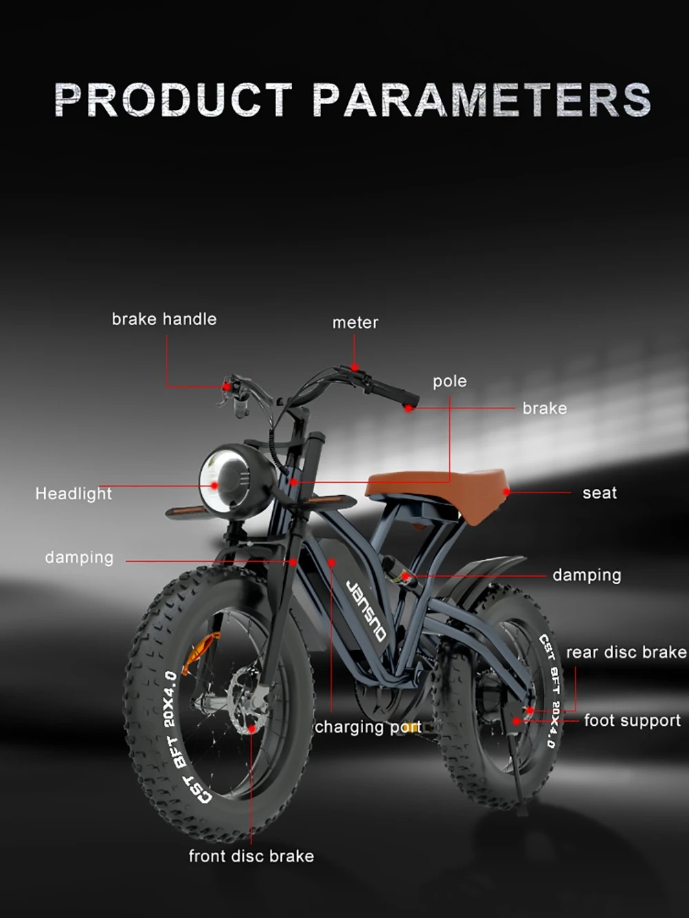 JANSNO X50 Electric Bike 20*4.0'' Tire 750W Brushless Motor 48V 12.8Ah Removable Battery 50km Range 40km/h Max speed