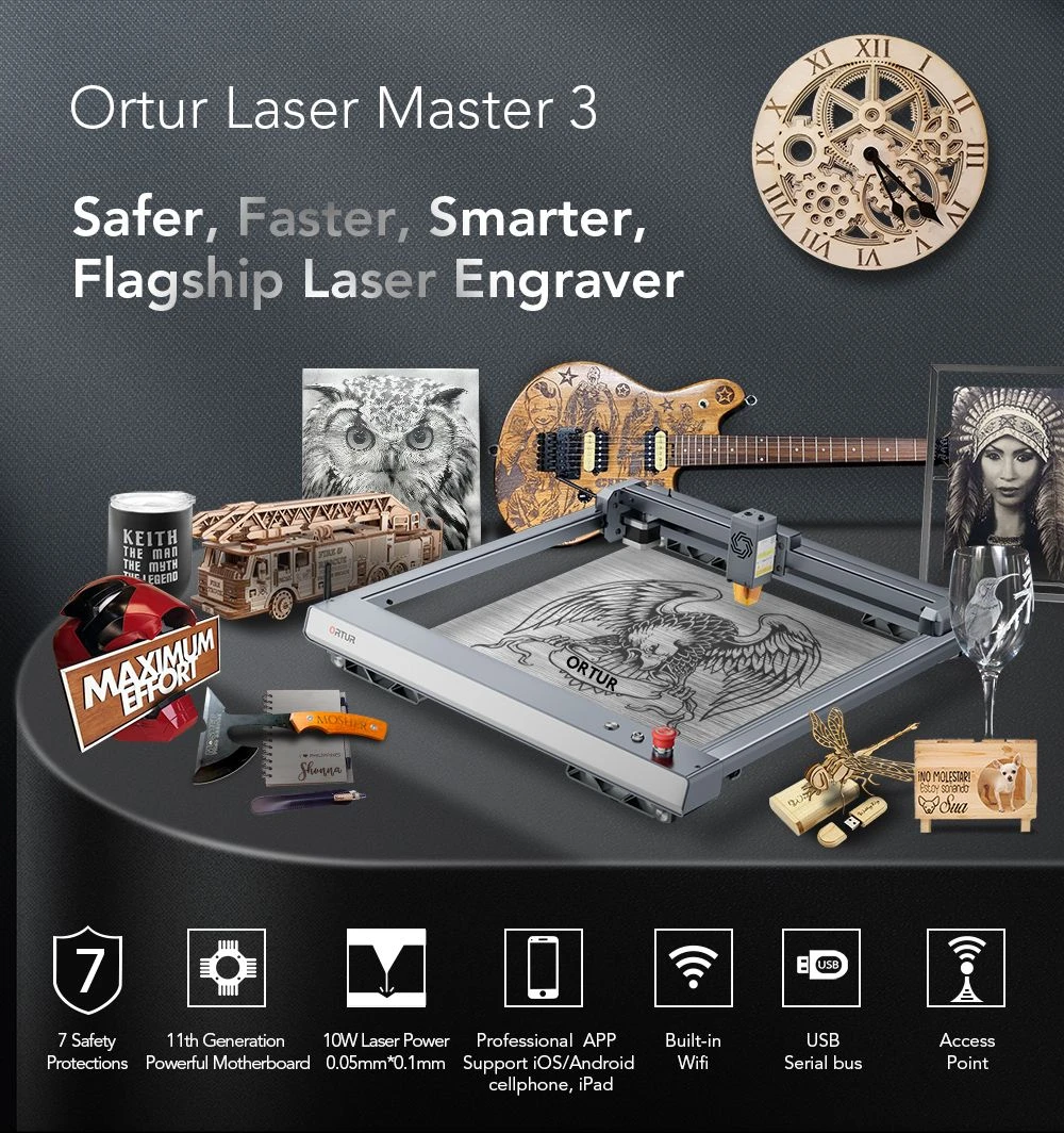 ORTUR Laser Master 3 10W Laser Engraver Cutter, 20,000mm/min, 0.05x0.1mm Focus Spot, LU2-10A Laser Module, Cuts 30mm Acrylic, Emergency Stop, Child Lock, Built-in WiFi, Engraving Area 400mmx400mm, EU Plug
