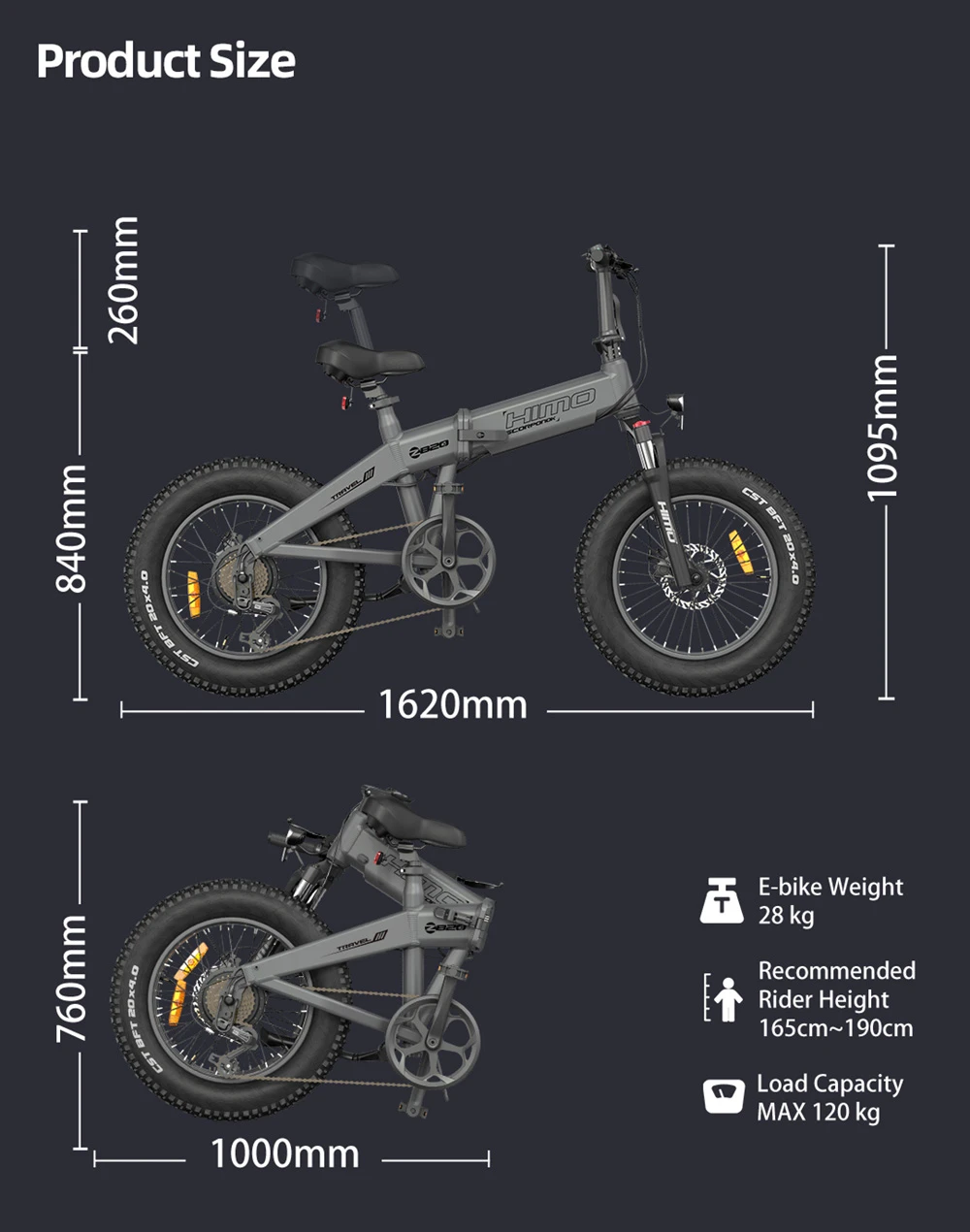 HIMO ZB20 MAX Global version Folding Electric Mountain Bike 20" Wheels 4 Inch Fat Wide Tires 250W Motor Shimano 6 Speeds Derailleur 48V 10Ah Detachable Lithium Battery Dual Disc Brake Hydraulic Shock Folk LCD Display Up to 80km - Grey
