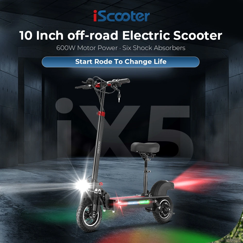 iScooter iX5 Electric Scooter with Seat 10'' Anti-skid Off Road Pneumatic Tire 600W Motor 15Ah Battery 45km/h Top Speed